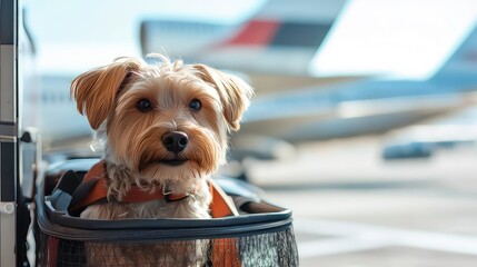 Dog sitting in a travel carrier at the airport with airplane in the background on a sunny day