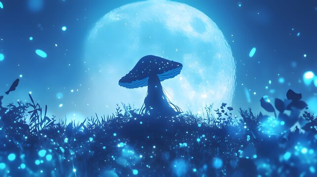 A mystical mushroom silhouette stands against a glowing moonlit backdrop, creating a magical and mysterious vibe.