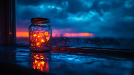 A glowing jar filled with fairy lights and tiny cutout hearts, sitting on a windowsill.