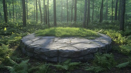 Serene Forest Clearing with Stone Platform and Fresh Green Grass