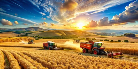 Fototapeta premium Sunlit Harvest: Panoramic View of Farmers Harvesting Crops in a Pastoral Field