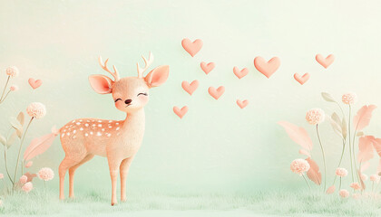 Obraz premium Cute deer standing in pastel landscape with hearts and flowers