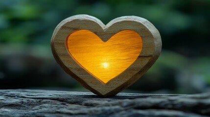 Fototapeta premium A glowing lantern in the shape of a heart, casting warm light in a dark, wooded area.