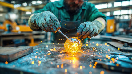 Glass factory, A close-up photo of a worker skillfully using a blowpipe, showcasing craftsmanship and artistry in creating delicate glasswork.