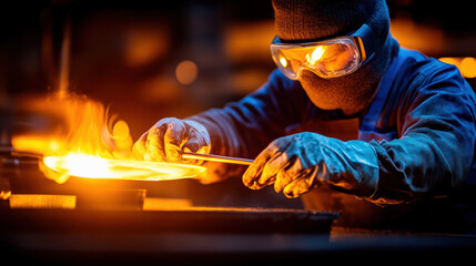 Glass factory, Close-up image of protective gloves handling a hot item, showcasing safety in action, suitable for commercial and stock photography use.