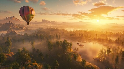 A colorful hot air balloon ascending during a golden sunrise over a serene landscape.