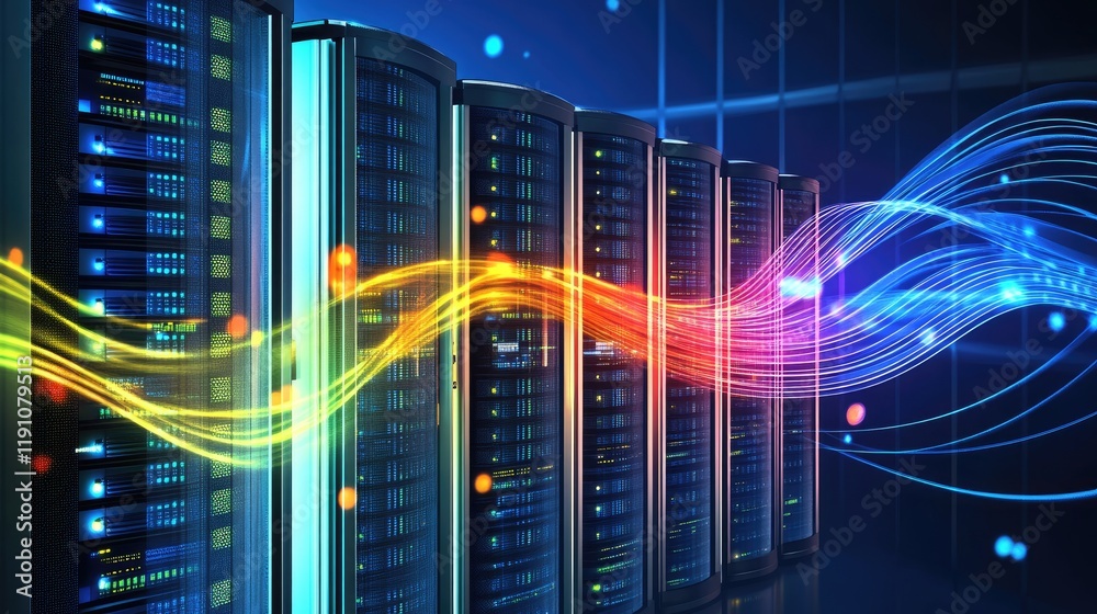 Poster a conceptual design of a shield and servers linked by digital waves, representing cybersecurity and 