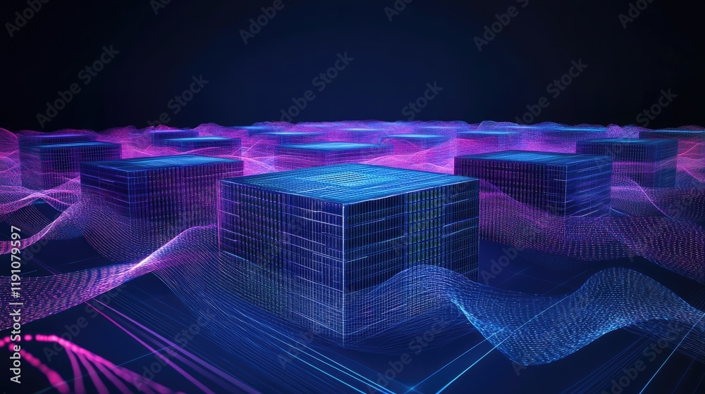 Poster a conceptual design of a shield and servers linked by digital waves, representing cybersecurity and 