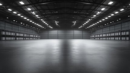 Spacious Industrial Warehouse Interior with Bright Overhead Lights