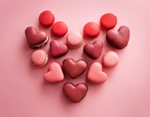 Obraz premium Generated image Heart-shaped berry macarons on pink background- sweet treats for valentine's day