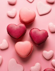 Obraz premium Generated image Heart-shaped berry macarons on pink background- sweet treats for valentine's day