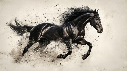 Powerful Black Horse Galloping Through Dusty Terrain with Grace