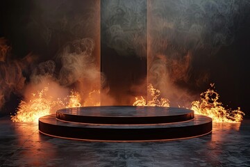 Detailed Picture of Empty Podium Stage with Flames and Smoke Background