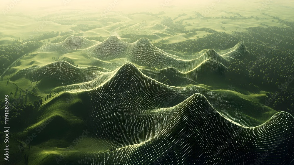 Poster interpretation of a futuristic virtual landscape with an expanding network of interconnected data no