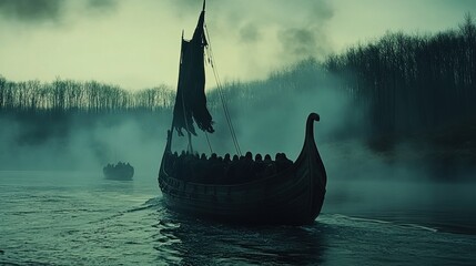 Viking Longship Sailing Through Misty River Landscape at Dusk