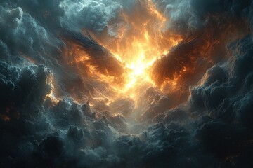 Fiery wings emerge from dark, swirling clouds.