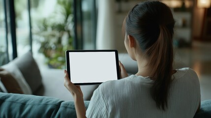 Woman Using Tablet at Home in Modern Living Room Environment