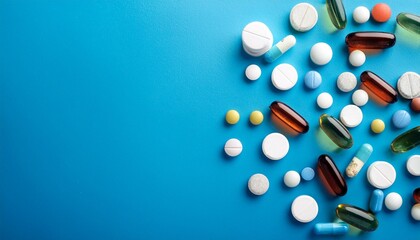Assorted pharmaceutical medicine pills, tablets and capsules on blue background top view. 