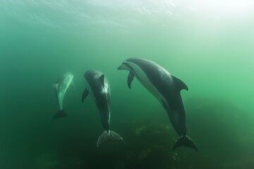 Obraz premium Rissos dolphins performing acrobatics in serene ocean setting