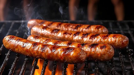 Juicy and savory sausages sizzling on a hot grill with hazy silhouettes of people in the background creating an inviting outdoor cooking scene