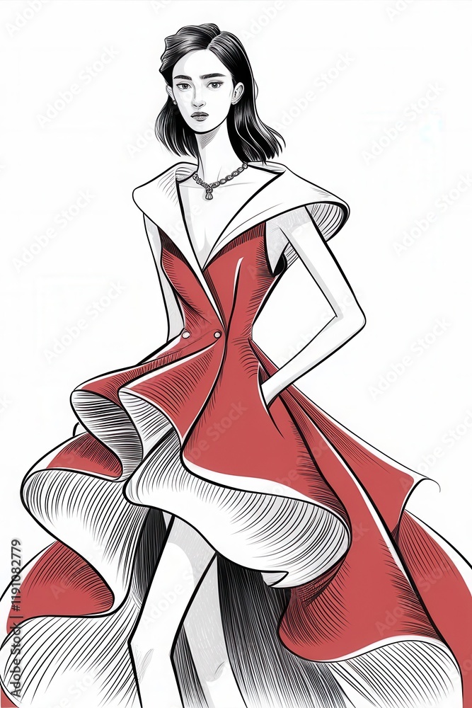 Sticker Elegant Woman in Red Haute Couture Gown