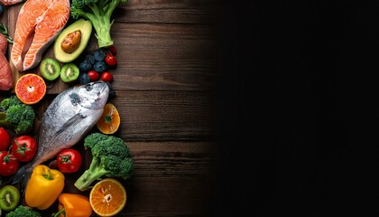 Background healthy food. Fresh vegetables, fruits, meat and fish on wooden table. Healthy