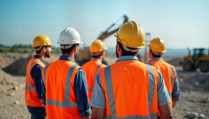 Fototapeta premium Construction workers in safety vests and hard hats observe a construction site. They stand on a dirt site near heavy machinery. Workers focus on a distant project. A sunny day makes the site active.