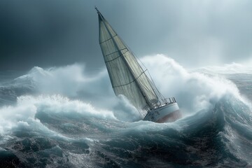 Dramatic sailboat navigating rough seas during stormy weather