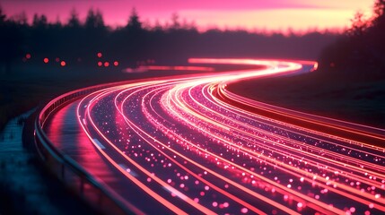 Glowing trails of light weave through a futuristic data grid creating an immersive and dynamic landscape of interconnected digital pathways  The image showcases the sleek