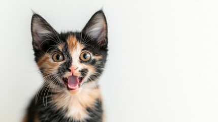 Playful calico kitten with open mouth on neutral background