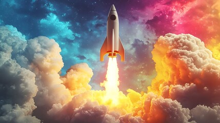 Dramatic Rocket Launch Soaring into a Vibrant Colorful Sky Symbolizing Bold New Ventures Ambitious Technological Progress