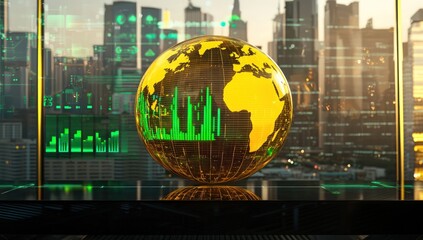 A golden holographic globe with data streams and green growth charts hovers over a sleek black table