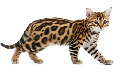 Playful Bengal Cat Walking Gracefully on White Background