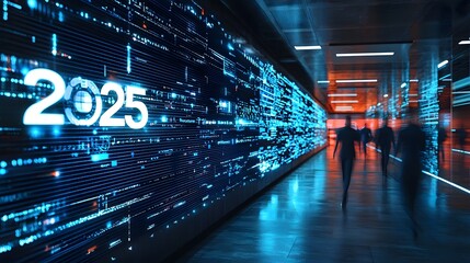 Abstract futuristic technology wall display with illuminated 2025 numbers and blurred silhouettes of people moving in a dynamic high tech corridor or hallway  Concept of progress innovation