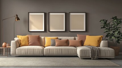 Fototapeta premium Cozy Living Room with Neutral Tones and Stylish Decor Elements