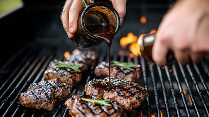 Close up view of hands carefully pouring marinade sauce over succulent grilled meat on a hot barbecue grill creating a mouthwatering culinary display of flavors and aromas