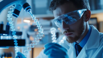 A close-up of a biochemist in a biotechnology lab manipulating DNA samples for genetic research, with PCR machines and genetic sequencing equipment in the background, Biotechnology lab scene