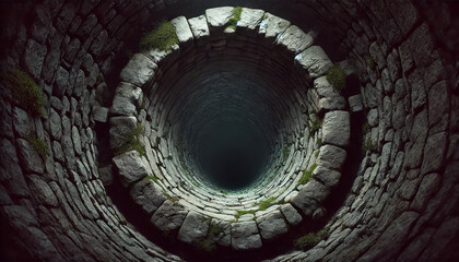 Deep, dark, stone well interior