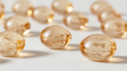 Close-up of Transparent Capsules with Gel Liquid on White Surface