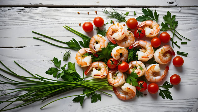 Fresh shrimp, herbs, and cherry tomatoes arranged on rustic white wood surface create vibrant and appetizing overhead view. This colorful display is perfect for culinary inspiration