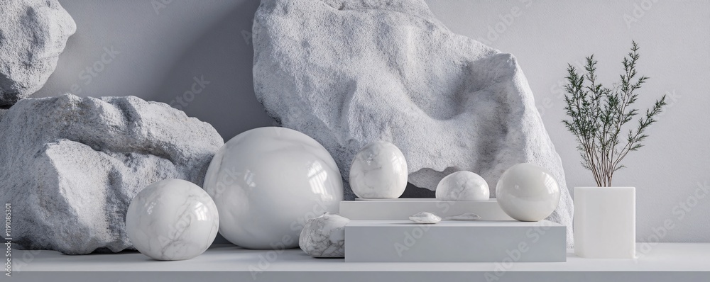 Poster White spheres and rocks creating a modern and minimalist still life
