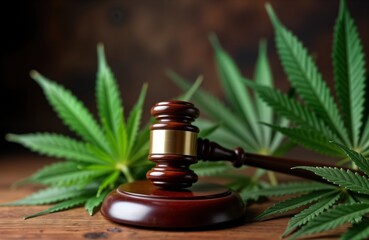 Wooden gavel sits on stand surrounded by vibrant marijuana leaves on rustic wooden surface. Legal concept of marijuana legislation. Image suggests judicial decision regarding marijuana laws. Gavel
