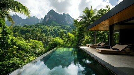 Luxurious infinity pool surrounded by tropical greenery with a stunning view of lush mountains and palm trees.