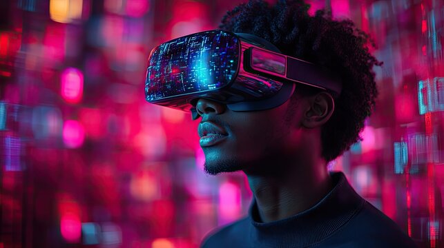 Young man with VR glasses, surrounded by digital icons and floating holographic visuals representing future tech