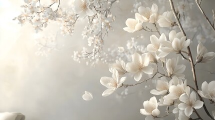 Elegant white magnolia flowers on delicate branches with a soft blurred background, creating a...