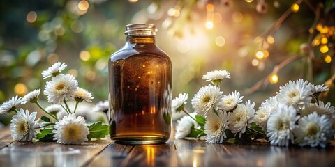 Surreal Brown Glass Bottle & White Aster Flowers - Ethereal Still Life Photography