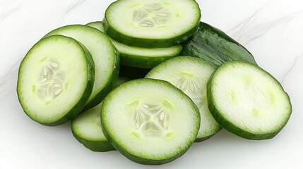 Freshly Sliced Cucumbers on Light Marble Background, Healthy Snack