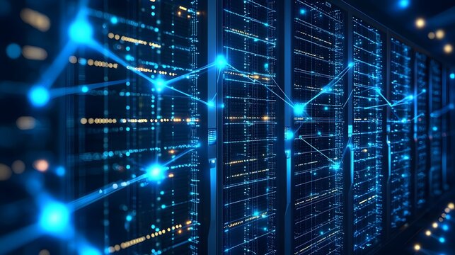 Stylized network background with geometric shapes lines and neon blue lighting depicting data hubs digital infrastructure and technological interconnectivity