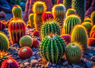 Fototapeta premium Surreal Cactus Garden: Sunlit Desert Flora in Vibrant Hues