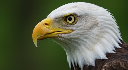 Obraz premium Close-up of a bald eagle's fierce gaze, with detailed textures and soft-focus background. Ideal for wildlife posters, educational materials, and inspirational themes